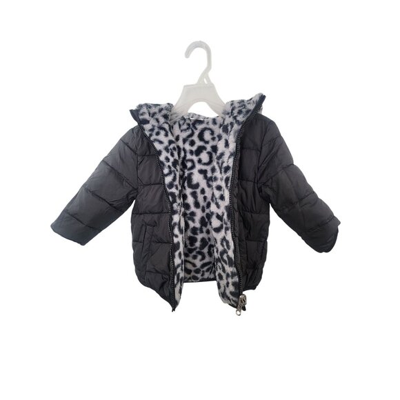Reversible Toddler Girls Bubble Coat With Hood Faux Fur Leopard Print & Black Wa - Picture 1 of 5